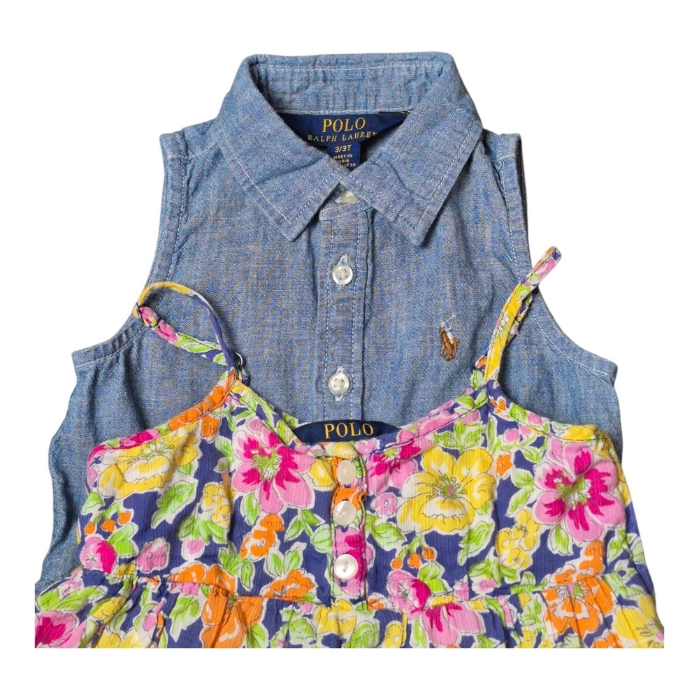 Polo Ralph Lauren‎ Girls 3T Lot of 2 Summer Dresses Floral Chambray Sleeveless